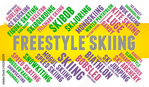 Freestyle skiing. Word cloud, colored font, white background. Olympics.