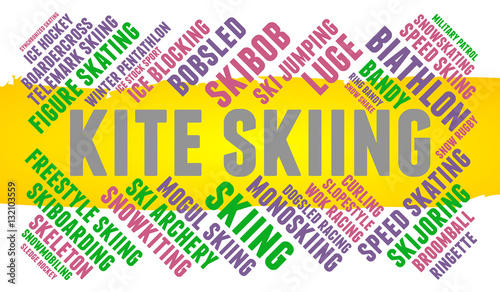 Kite skiing. Word cloud, colored font, white background. Olympics.