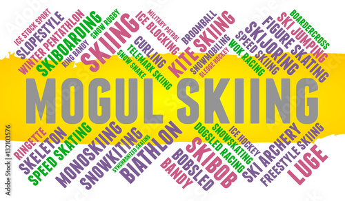 Mogul skiing. Word cloud, colored font, white background. Olympics.