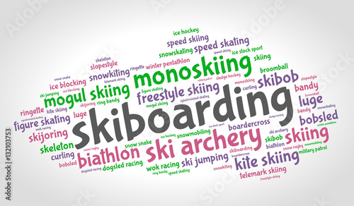 Skiboarding. Word cloud, colored italic font, grey gradient background. Olympics.