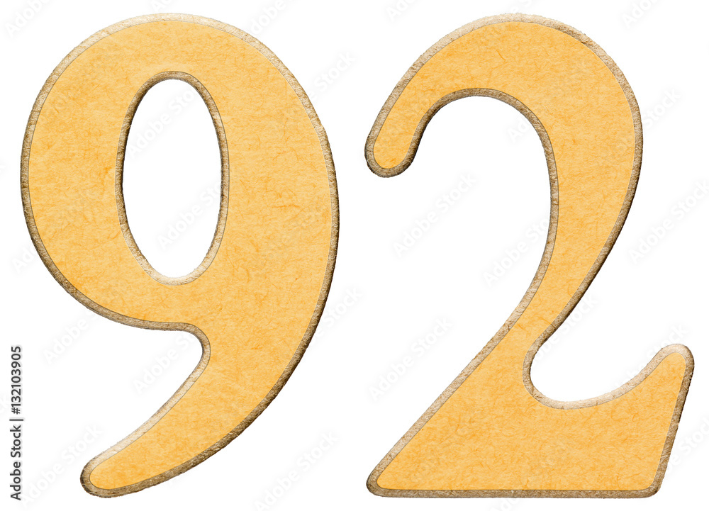 92, ninety two, numeral of wood combined with yellow insert, iso Stock ...