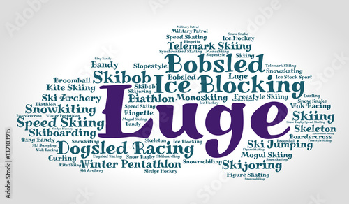 Luge. Word cloud, italic font, grey gradient background. Olympics.