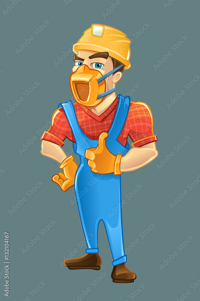 builder in helmet and respirator shows like with his hand. builder in helmet and respirator shows like with his hand.