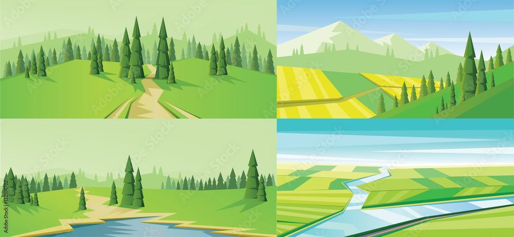 Digital vector abstract background set with a road, lake, pines and mountains, flat triangle style