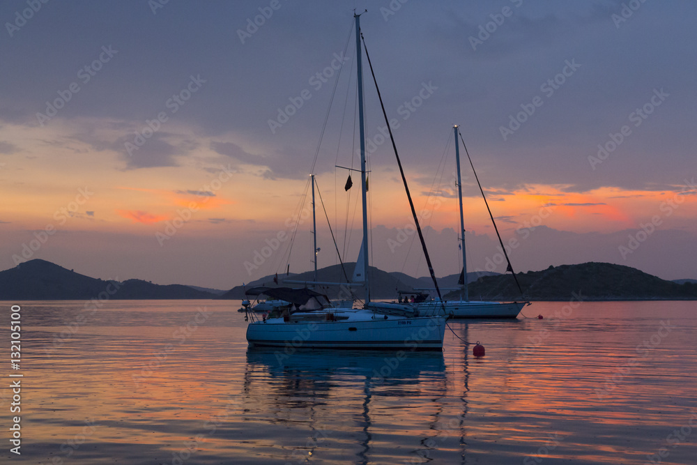 sunset with sailboats, Adriatic sea