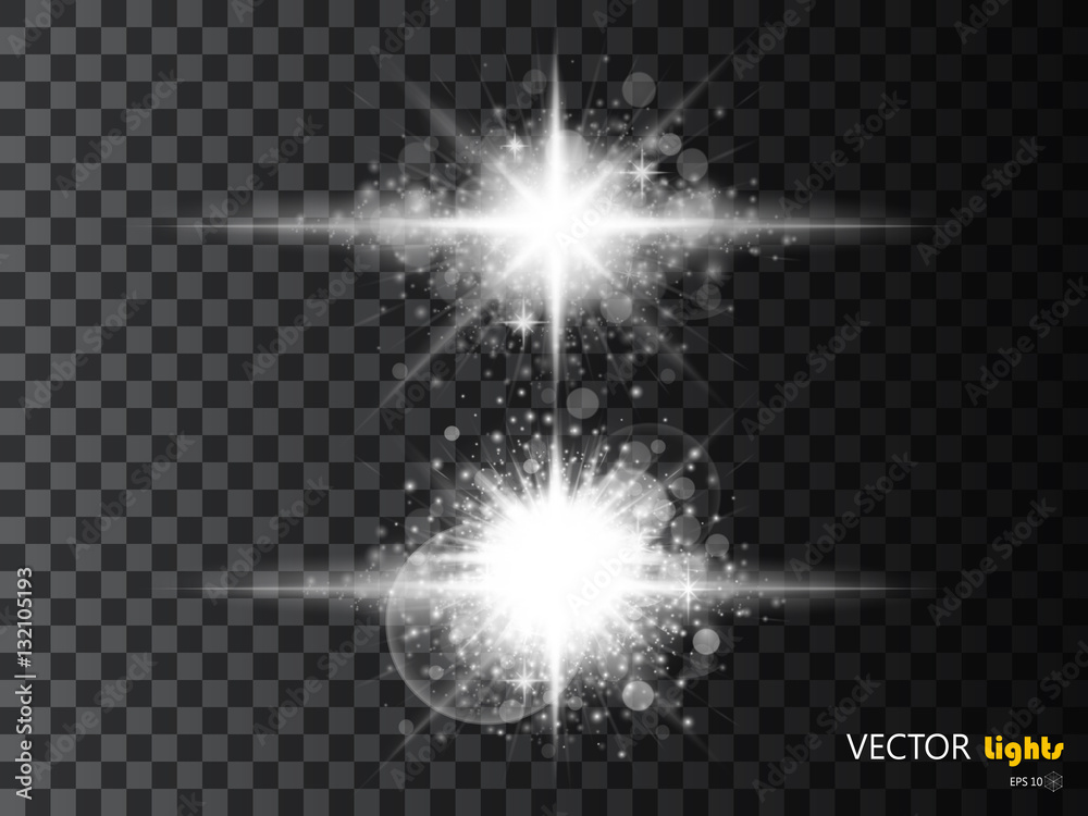 White glowing light burst explosion with transparent. Vector illustration for cool effect decoration  ray sparkles. Bright star.  shine gradient glitter,  flare. Glare texture.