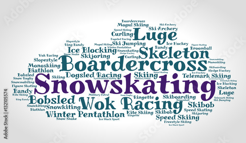 Snowkiting. Word cloud, italic font, grey gradient background. Olympics.