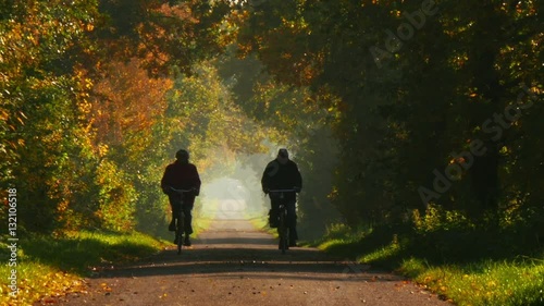 A retired couple riding a bicycle on long colorful avenue in autumn 11812. People are NOT recognizable!
