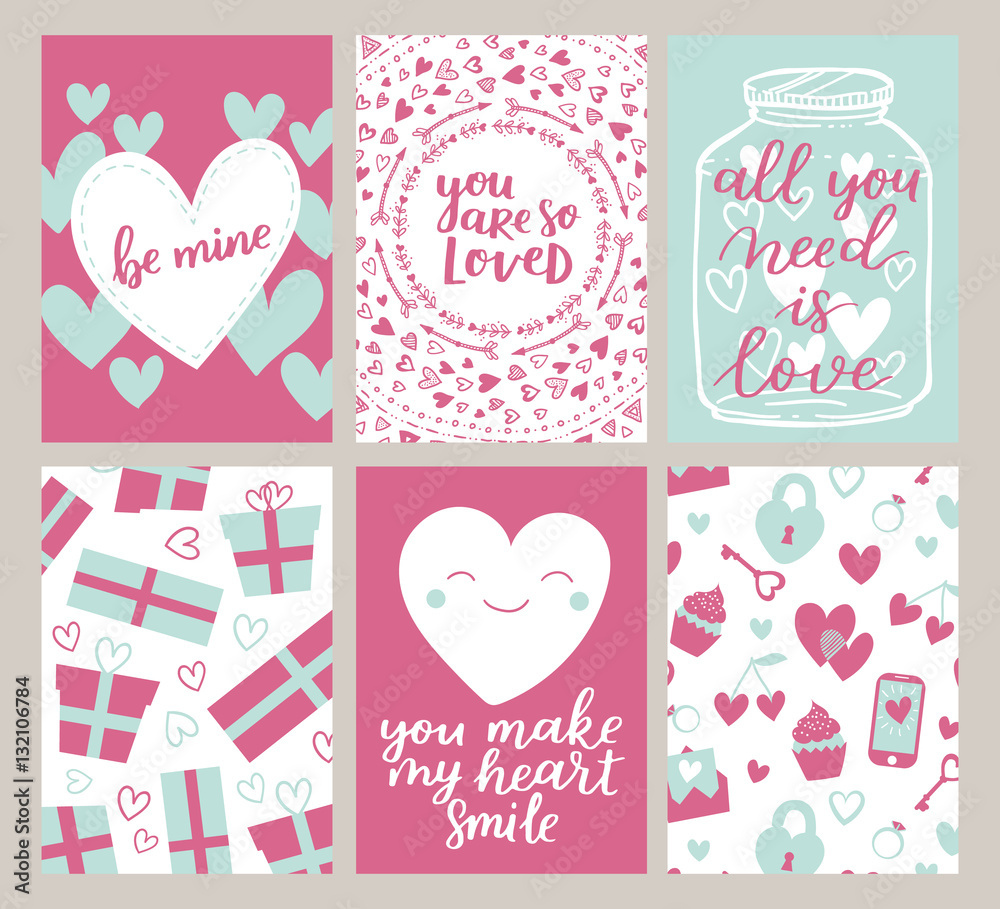Vector set of Valentines Day greeting poster. Cute blue-rose colors for your invitation design. Card collection with hand drawn elements and romantic brush lettering.