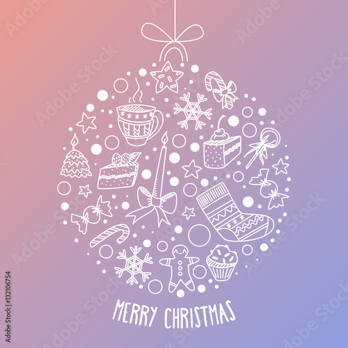 Vector christmas greeting card with dreamy gradient background and white lineart doodle ball. Holiday illustration for your design.
