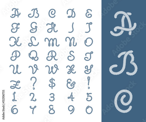 Nautical rope letters thread font with ropes frame border