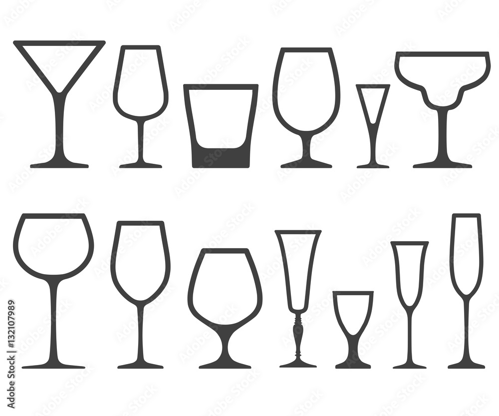 Set of empty different shapes wineglass and glass icons isolated on white background Set of empty different shapes wineglass and glass icons isolated on white background