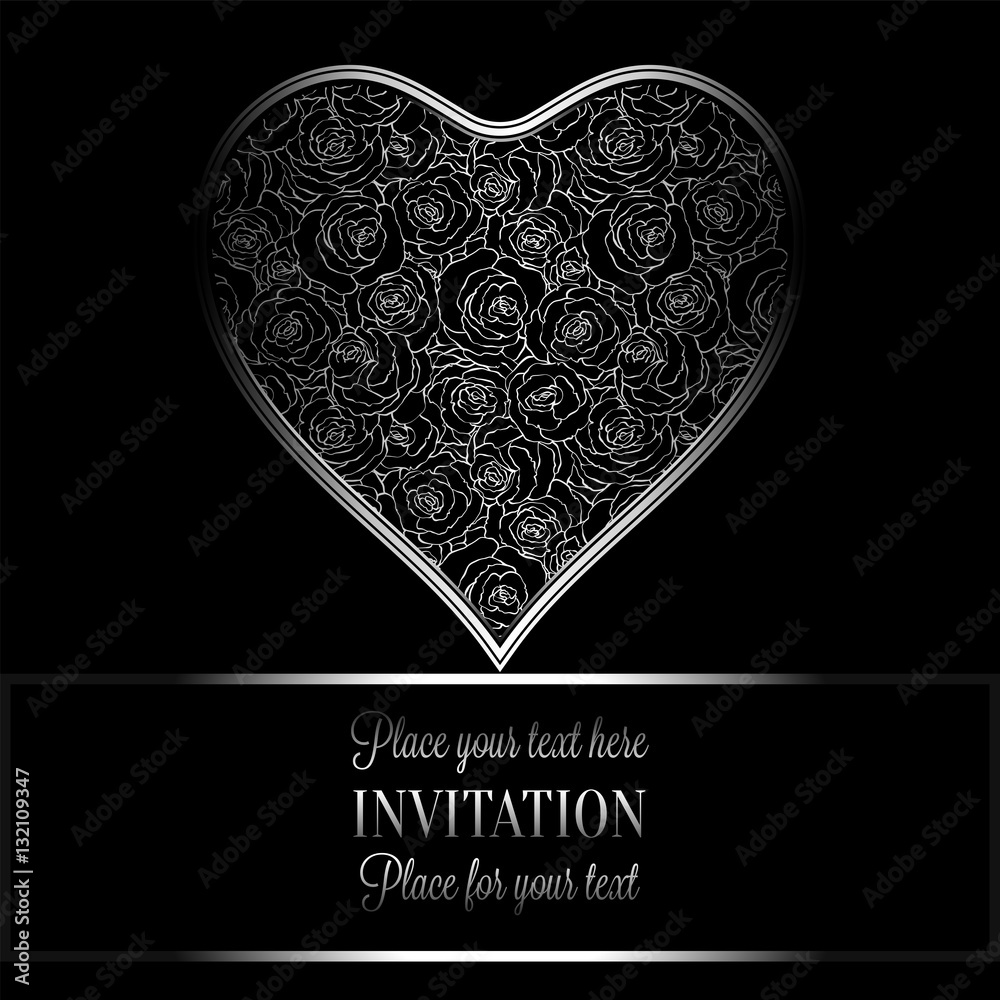 Romantic background with antique, luxury black and silver vintage frame,  victorian banner, heart made of roses wallpaper ornaments, invitation card,  baroque style booklet, fashion pattern Stock Vector | Adobe Stock