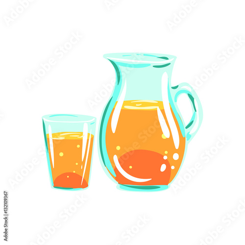 Apple Juice Pitcher And Glass Funky Hand Drawn Fresh Fruit Cartoon Illustration