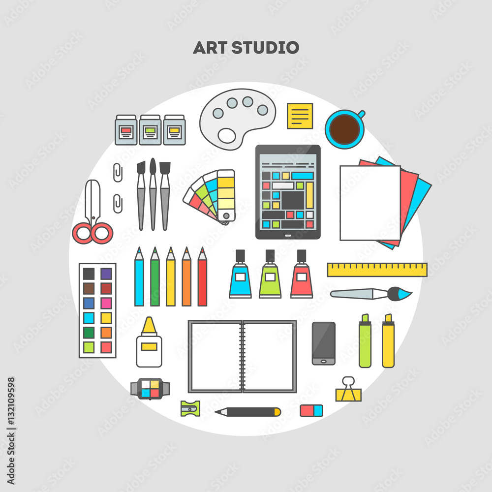 Flat design vector illustration of modern creative office workspace, workplace of designer and artist. The office of a creative worker. Flat minimalist style with contour for Web and Mobile App Flat design vector illustration of modern creative office workspace, workplace of designer and artist. The office of a creative worker. Flat minimalist style with contour for Web and Mobile App