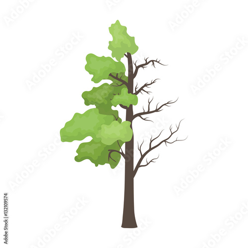 Tree half full of green leaf and half dry icon in cartoon style isolated on white background. Bio and ecology symbol stock vector illustration.