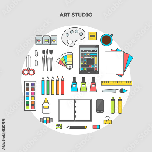 Flat design vector illustration of modern creative office workspace, workplace of designer and artist. The office of a creative worker. Flat minimalist style with contour for Web and Mobile App