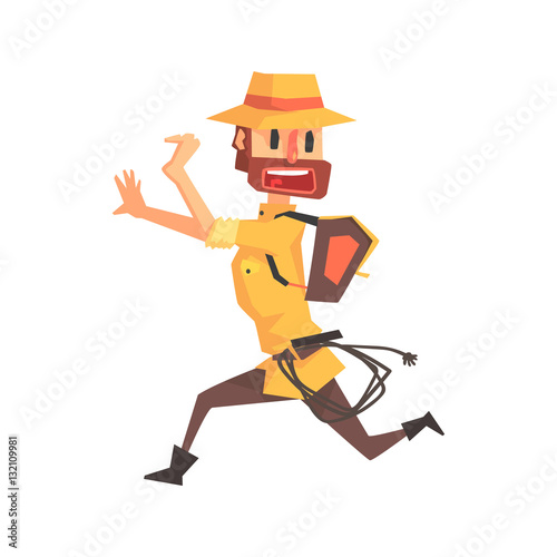 Adventurer Archeologist In Safari Outfit And Hat Running Away Illustration From Funny Archeology Scientist Series