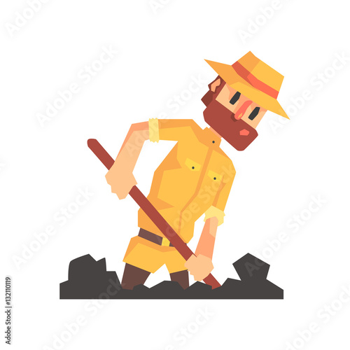 Adventurer Archeologist In Safari Outfit And Hat Digging The Ground Illustration From Funny Archeology Scientist Series