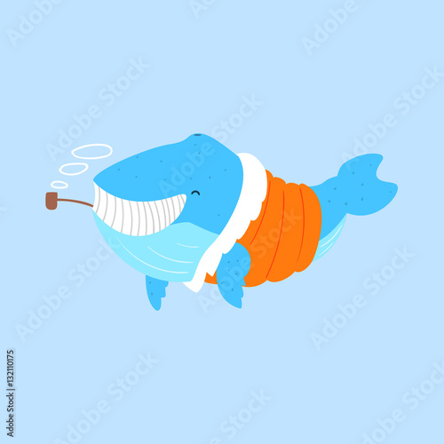 Blue Whale Smoking Pipe In Padded Coat,Arctic Animal Dressed In Winter Human Clothes Cartoon Character