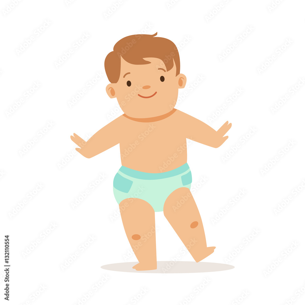 Boy In Nappy Doing First Steps, Adorable Smiling Baby Cartoon Character Every Day Situation Boy In Nappy Doing First Steps, Adorable Smiling Baby Cartoon Character Every Day Situation