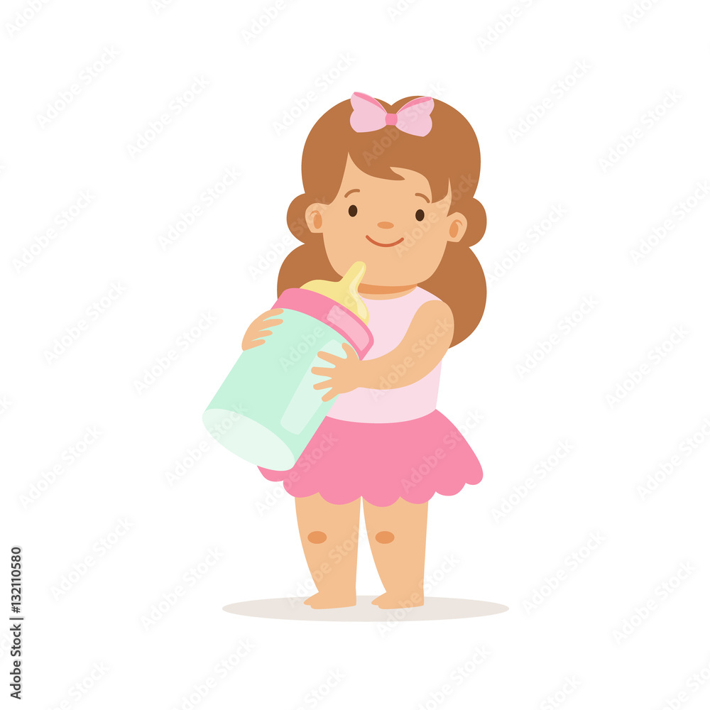 Girl In Pink Skirt With Milk Bottle, Adorable Smiling Baby Cartoon  Character Every Day Situation Stock Vector | Adobe Stock