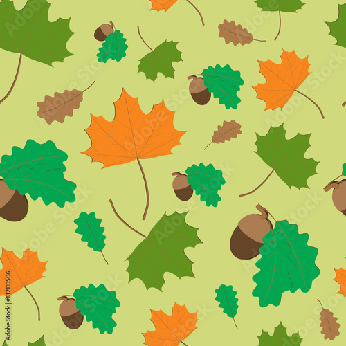 Seamless pattern of maple and oak leaves and acorns