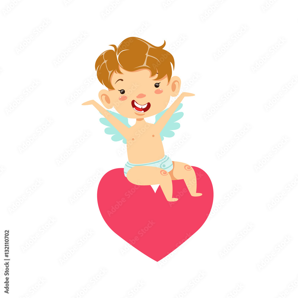 Boy Baby Cupid Sitting On Heart, Winged Toddler In Diaper Adorable Love Symbol Cartoon Character Boy Baby Cupid Sitting On Heart, Winged Toddler In Diaper Adorable Love Symbol Cartoon Character
