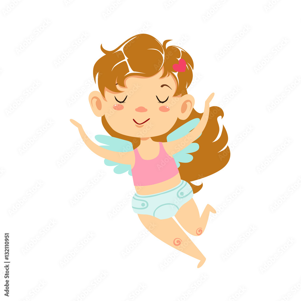 Girl Baby Cupid Flying, Winged Toddler In Diaper Adorable Love Symbol Cartoon Character