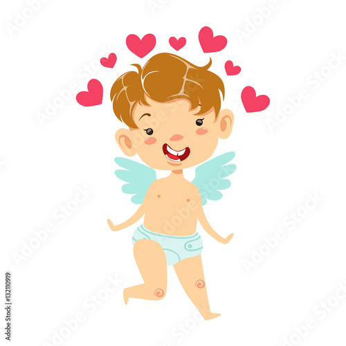Boy Baby Cupid With Many Pink Hearts  Winged Toddler In Diaper Adorable Love Symbol Cartoon Character