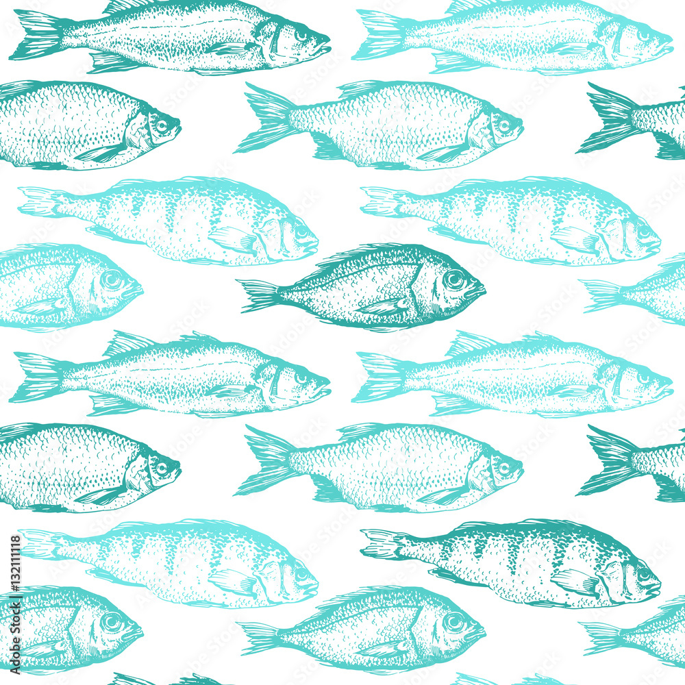 Obraz premium Vector illustration with sketches of fish. Hand-drawn seamless background blue color. Seafood pattern.
