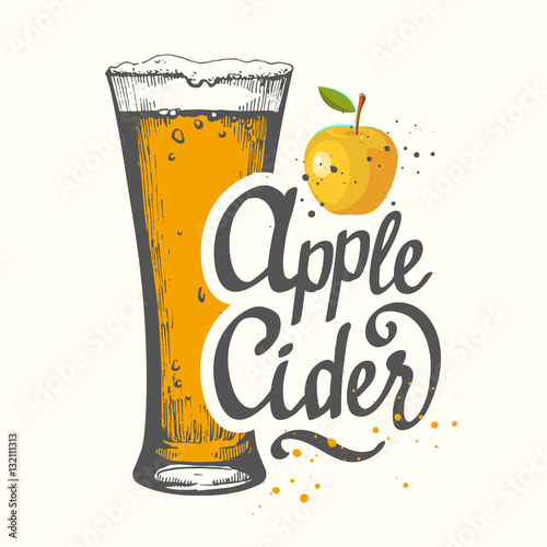 Drink menu. Vector illustration with cider apple glass in sketch style for pub. Alcoholic beverages.