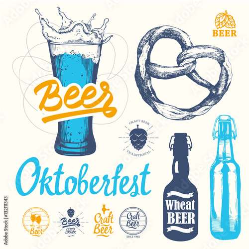 Vector Illustration with beer pub logo and labels. Simple symbols glass, bottle. Oktoberfest traditions. Decorative elements for your design.
