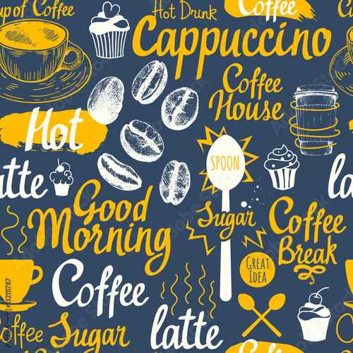 Seamless sketch background. Hot drinks menu. Vector Illustration pattern with cup, coffee maker, beans, spoon, labels.