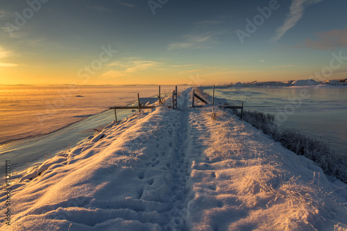 Winter landscape with snow  river  blue sky  road  sunshine  ice.