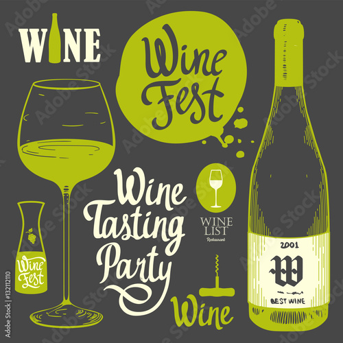 Vector illustration with labels, bottle, glass, corkscrewin sketch style. Set alcoholic beverages. Wine festival. Brush calligraphy elements for your design. Handwritten ink lettering.