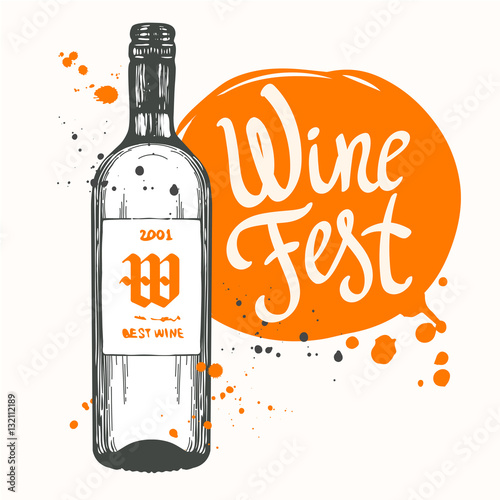 Vector illustration with bottle in sketch style for wine list. Poster alcoholic beverages. Brush calligraphy elements your design. Handwritten ink lettering.