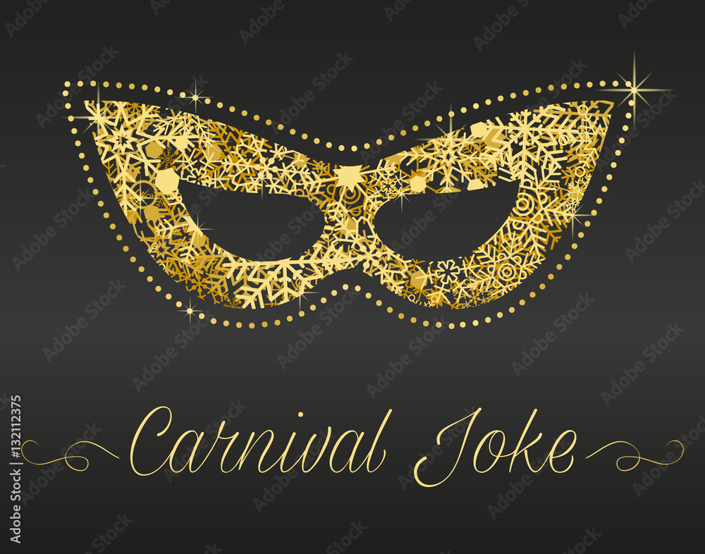 Carnival card with golden mask and snowflakes on dark background