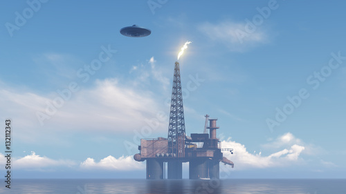 3d UFO above the station of oil in the ocean   © kolbass