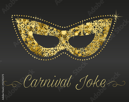 Carnival card with golden mask and snowflakes on dark background