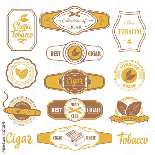 Vector Illustration with logo and labels. Simple symbols tobacco, cigar. Traditions of smokeke. Decorative elements, icon for your design. Gentleman style.