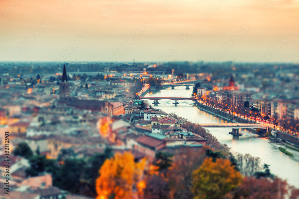 Sunset view of Verona city. Italy. Image with tilt shift effect