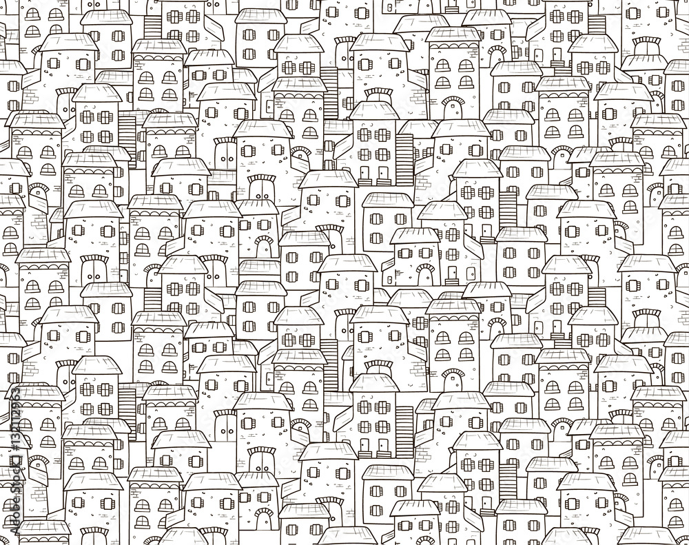 Vector seamless cartoon pattern, made of houses in European style.