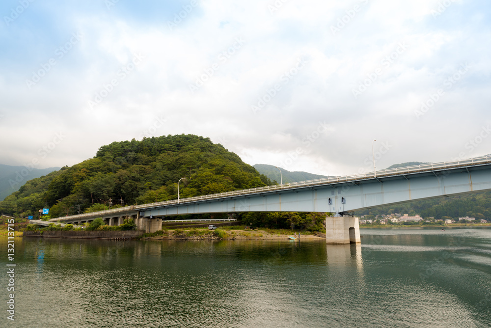 Kawaguchiko lake  and the bridge in autumn, Yamanashi, Japan