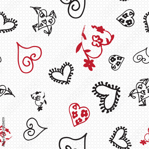 Retro hand-drawn sketches seamless background with hearts for valentines and wedding day