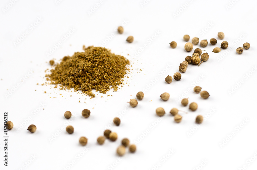 coriander seeds and powder scattered on the white background coriander seeds and powder scattered on the white background