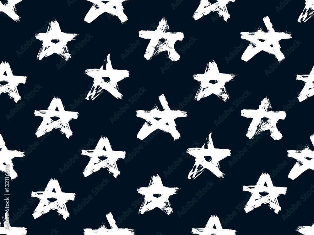 Seamless star pattern with ink doodles. Outline hand drawn sketch on dark background. Vector illustration. Perfect for wallpaper, pattern fill, web page background, surface textures, textile
