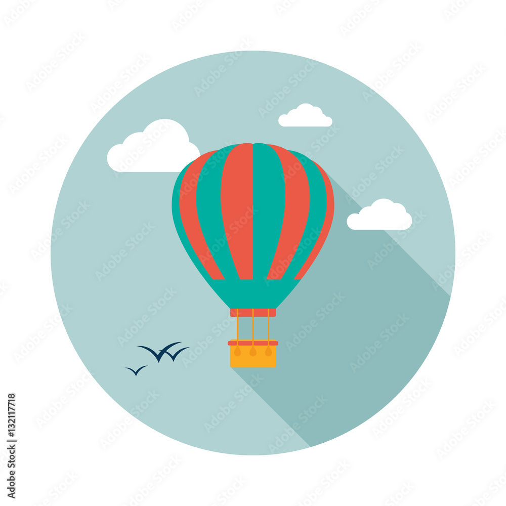 Fototapeta premium Hot air balloon icon with long shadow. Flat design style. Round icon. Hot air balloon silhouette. Simple circle icon. Modern icon in stylish colors. Web site page and mobile app design vector element.