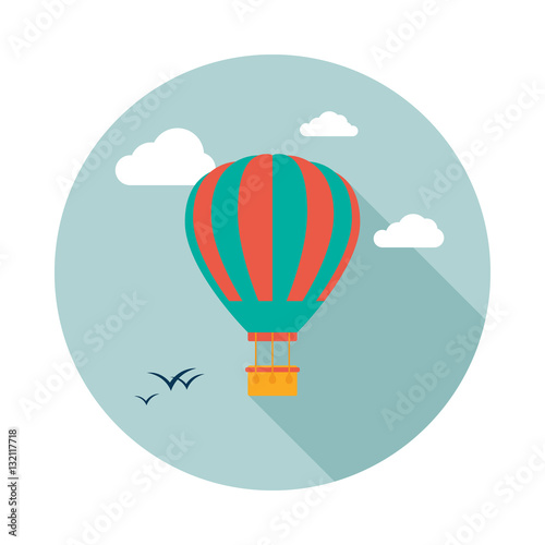 Hot air balloon icon with long shadow. Flat design style. Round icon. Hot air balloon silhouette. Simple circle icon. Modern icon in stylish colors. Web site page and mobile app design vector element.