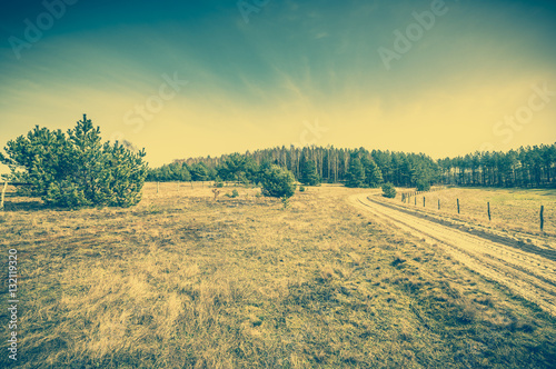 Landscape of road on field with dry grass in spring  filtered vintage photo